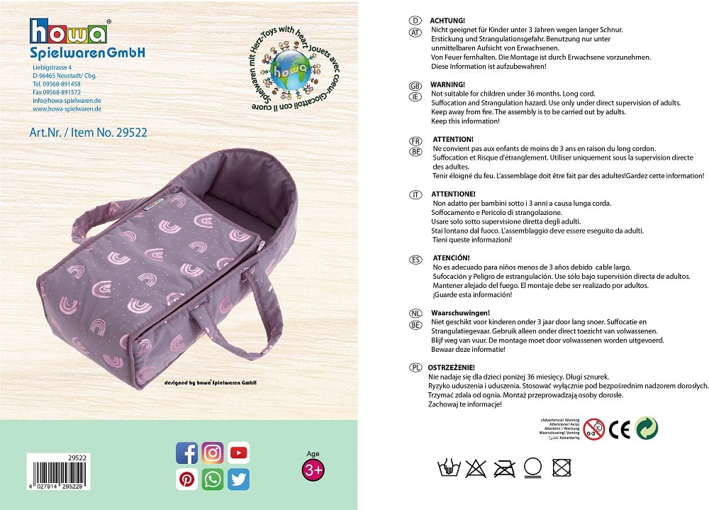 howa poppendraagtasje "Rainbow" voor babypoppen tot 48 cm malve, glanseffect 29522