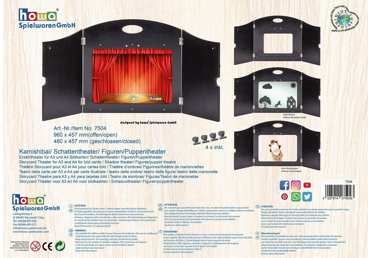 Théâtre de narration 4 en 1 howa Kamishibai, théâtre d'ombres, théâtre de figurines en bois pour cartes images DIN A3 et DIN A4 7504