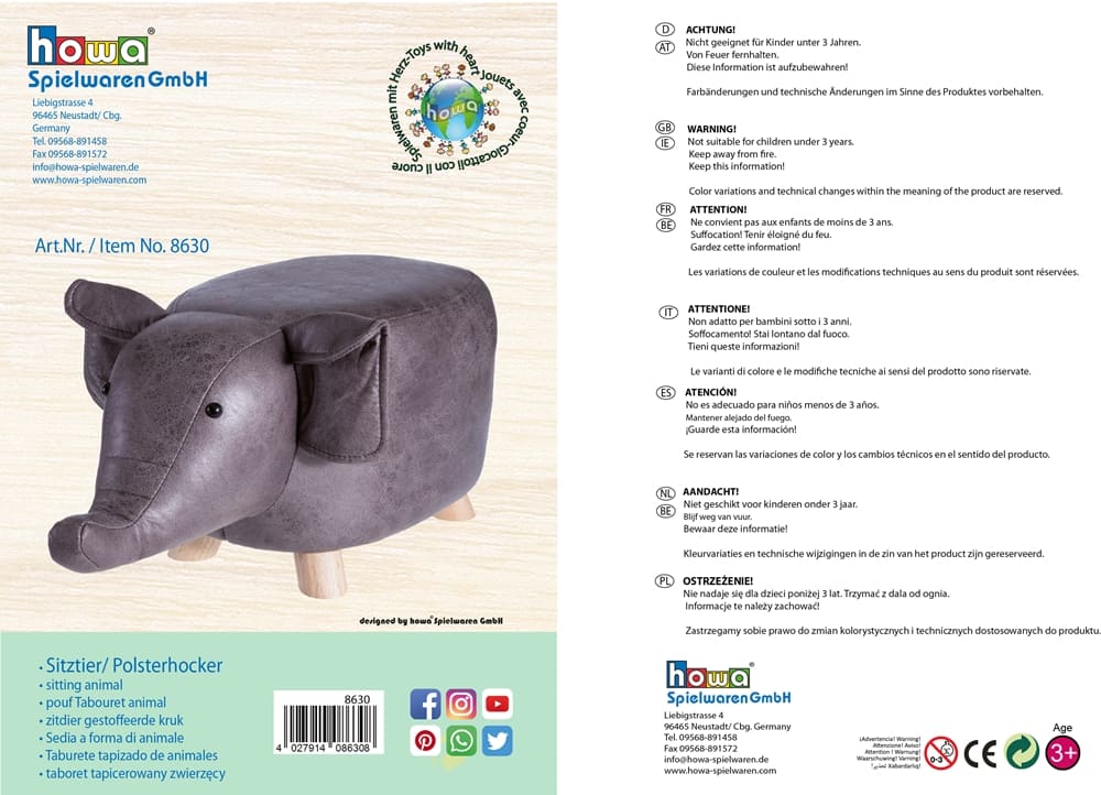 howa Sitztier Polsterhocker Tierhocker für Kinder Elefant 8630