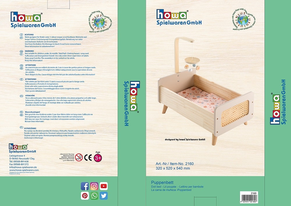 howa wooden doll bed "miniflowers" with mobile including bedding apricot 2160