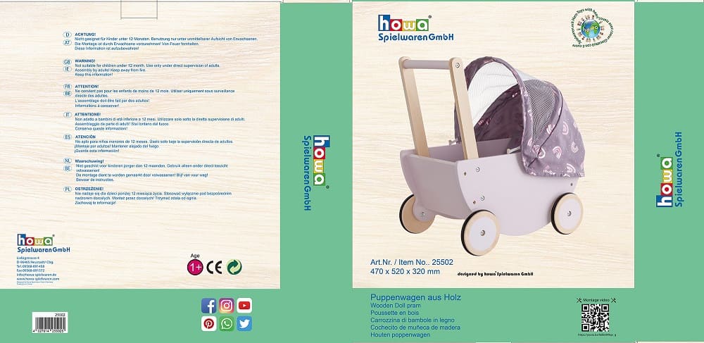 Carrozzina per bambole in legno "Rainbow" howa con tettuccio pieghevole malva, effetto lucido 25502