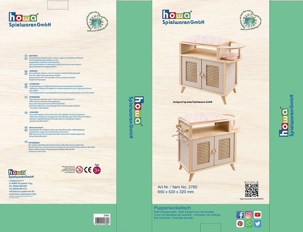 Howa wooden doll changing table "miniflowers" with doll seat, pad, bar, apricot 2760
