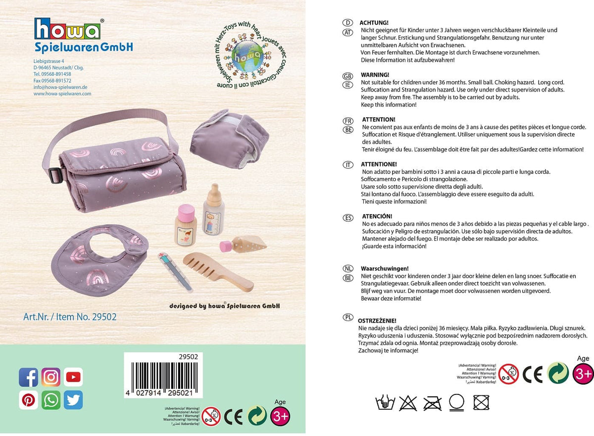 howa Doll Diaper Bag "Rainbow" incl. 7 pcs. Accessories mauve, Glossy Effect 29502