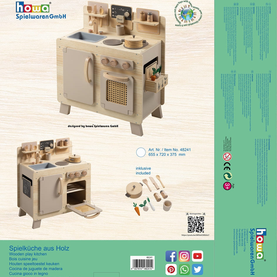 Cucina per bambini e lavatrice giocattolo in legno naturale beige howa, inclusi 10 pezzi di stoviglie giocattolo e 10 pezzi di accessori per lavatrice giocattolo 48249