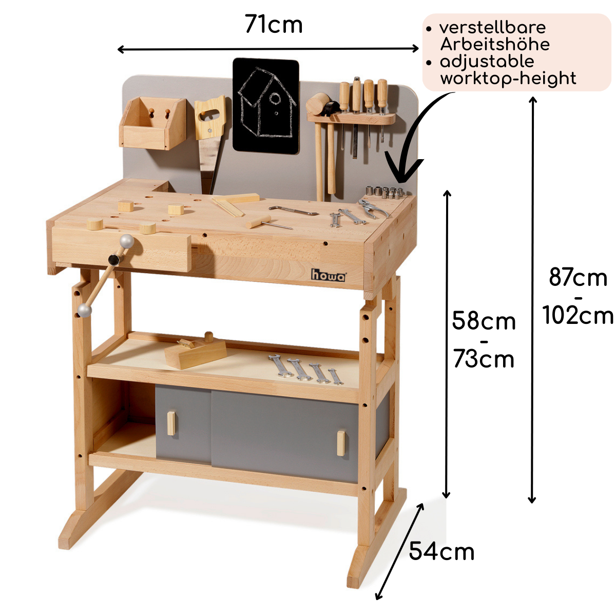 howa Children's Workbench made of wood including toolbox with tools 4900