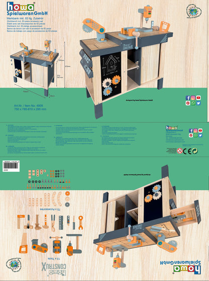 howa Kinderwerkbank CONSTRUX aus Holz – höhenverstellbare Werkbank mit Werkzeug und Zubehör 4909