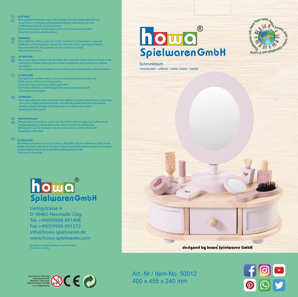 howa wooden dressing table for children including 8-piece accessories and heart stickers 50012