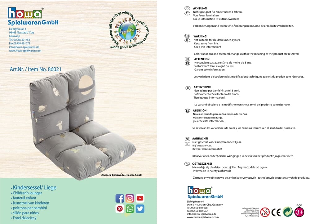 howa 2 in 1 Kindersessel + Kinderliege - Lehne 3-fach verstellbar  "Space" grau, Glanzeffekt 86021