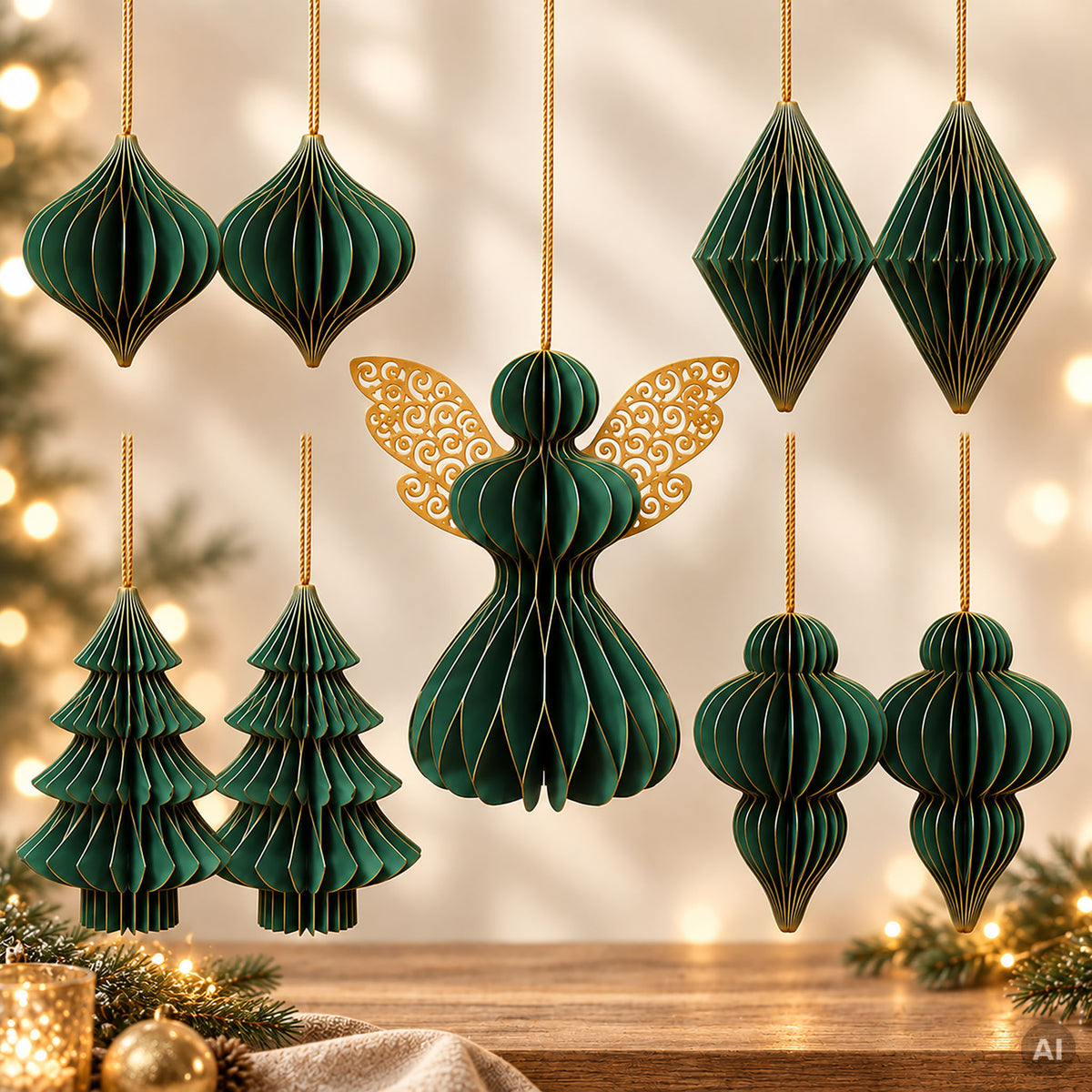 howa paper Christmas ornaments, 9-piece set, Christmas decoration, moss green-gold 8851