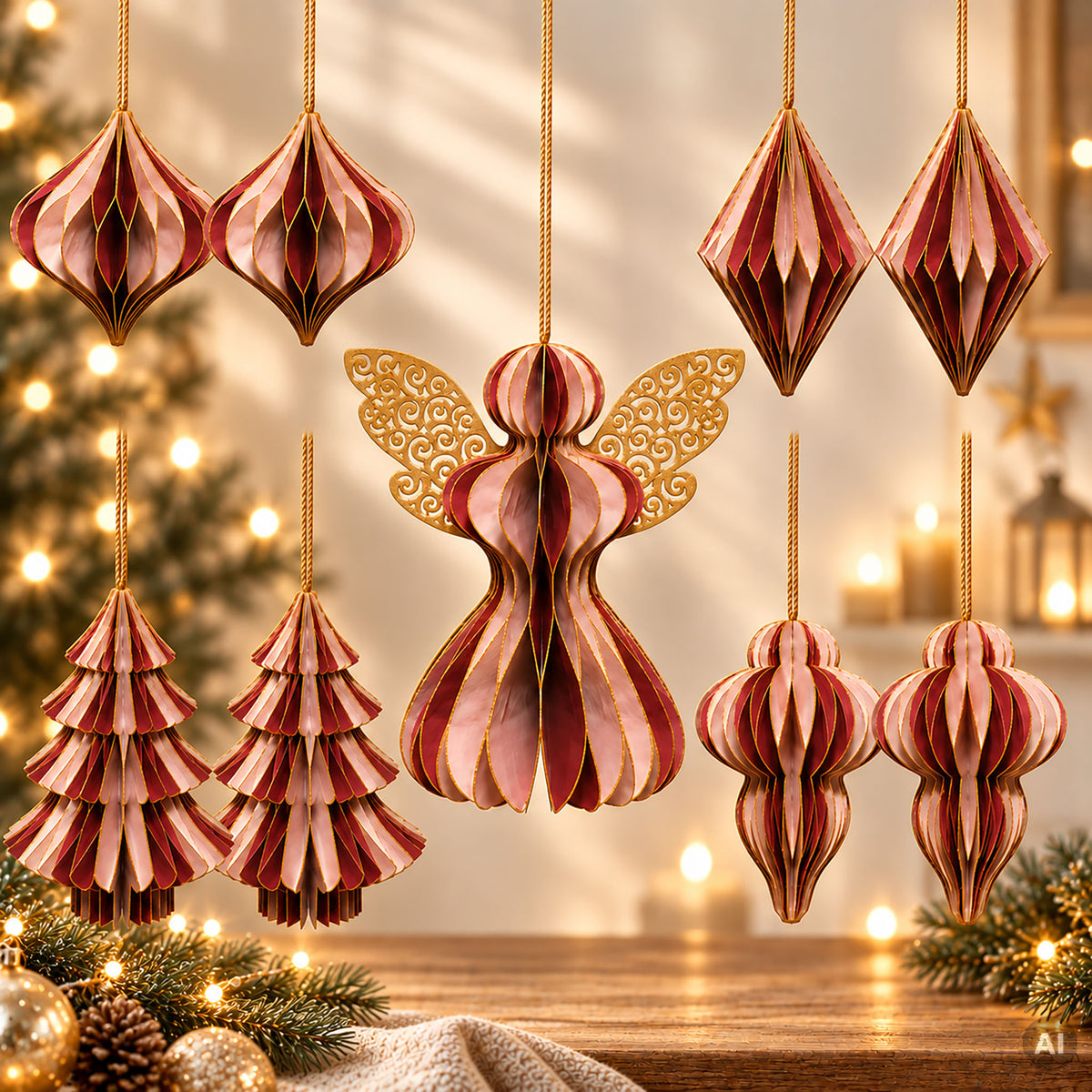 décorations de Noël en papier 9 pièces, décoration de Noël rose - mauve 8852