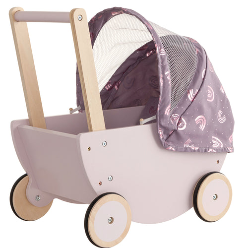 Poussette pour poupée en bois "Rainbow" avec capote pliable, mauve, effet brillant 25502