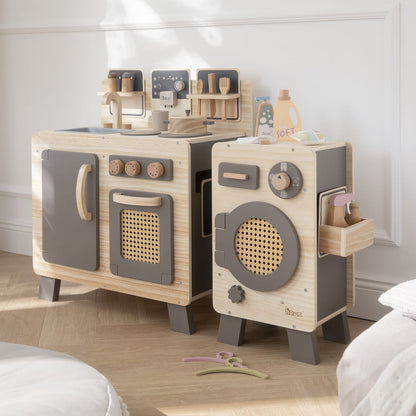 howa Kinderküche und Spielzeugwaschmaschine aus Holz natur, taupe inkl. 10tlg. Spielgeschirr & 10tlg. Zubehör für Kinderwaschmaschine 14824
