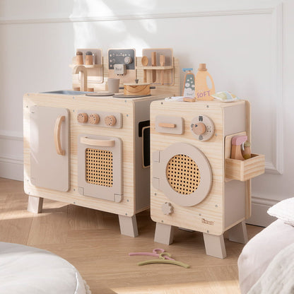 Cucina per bambini e lavatrice giocattolo in legno naturale beige howa, inclusi 10 pezzi di stoviglie giocattolo e 10 pezzi di accessori per lavatrice giocattolo 48249