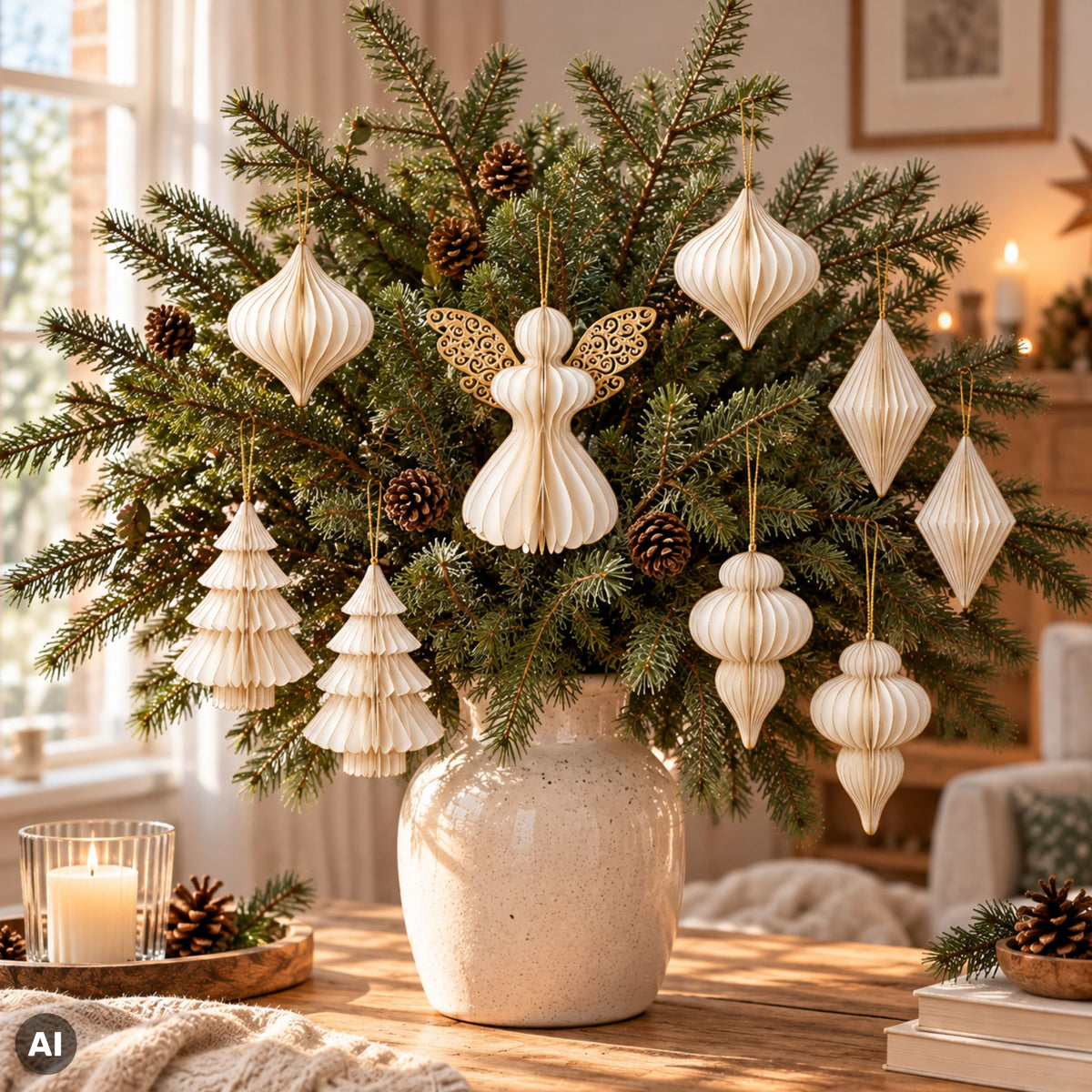 Weihnachtsanhänger aus Papier an Zweigen