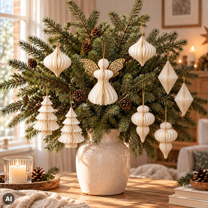 Weihnachtsanhänger aus Papier an Zweigen