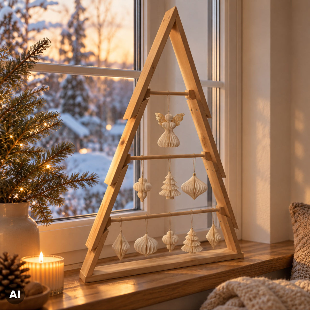Dekoholzbaum mit Weihnachtsanhängern aus Papier
