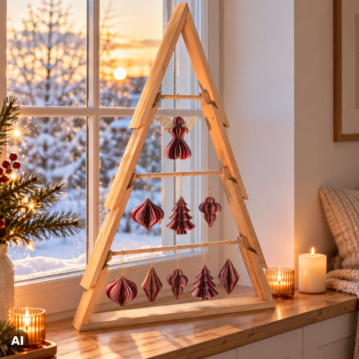Deko Holzbaum mit weihnachtlichen Anhängern