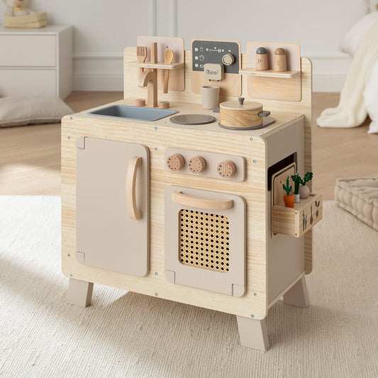 howa Kinderküche und Spielzeugwaschmaschine aus Holz natur, beige inkl. 10tlg. Spielgeschirr & 10tlg. Zubehör für Kinderwaschmaschine 48249