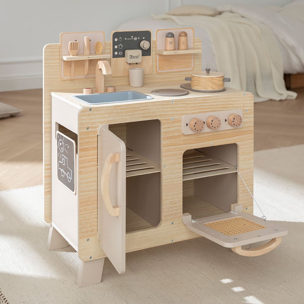 Cucina per bambini e lavatrice giocattolo in legno naturale beige howa, inclusi 10 pezzi di stoviglie giocattolo e 10 pezzi di accessori per lavatrice giocattolo 48249