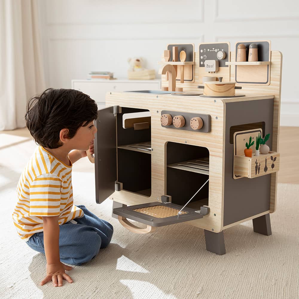 howa Kinderküche und Spielzeugwaschmaschine aus Holz natur, taupe inkl. 10tlg. Spielgeschirr & 10tlg. Zubehör für Kinderwaschmaschine 14824