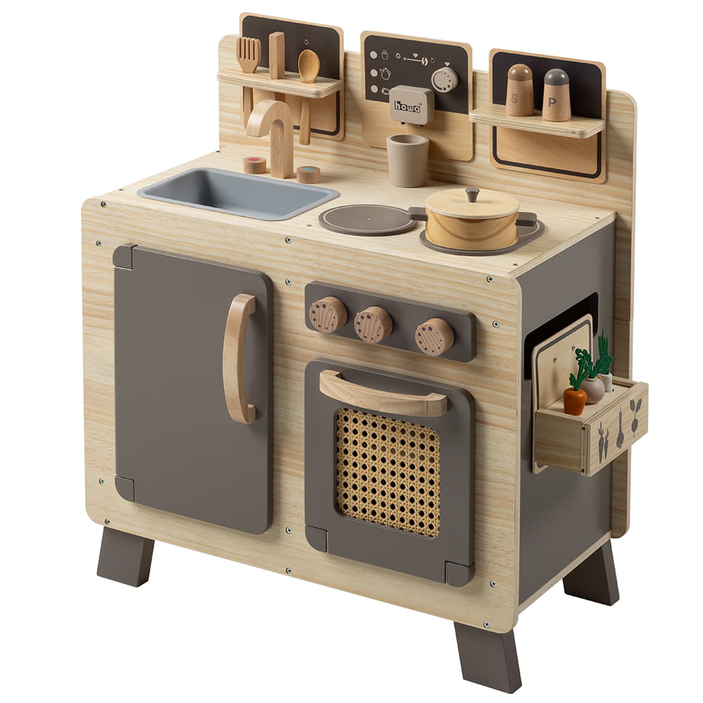 howa Kinderküche und Spielzeugwaschmaschine aus Holz natur, taupe inkl. 10tlg. Spielgeschirr & 10tlg. Zubehör für Kinderwaschmaschine 14824
