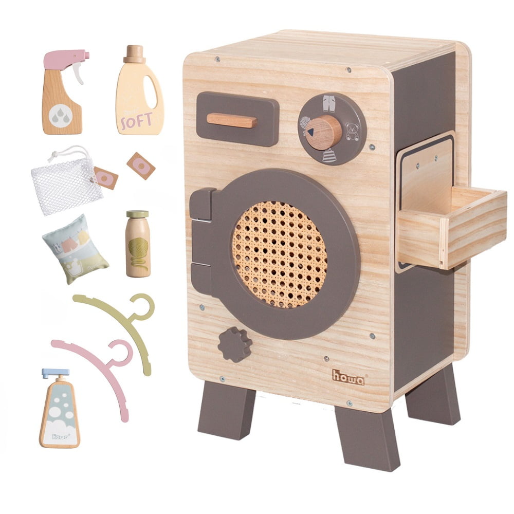 Lave-linge pour enfants howa en bois naturel taupe avec ensemble de soins du linge 14826