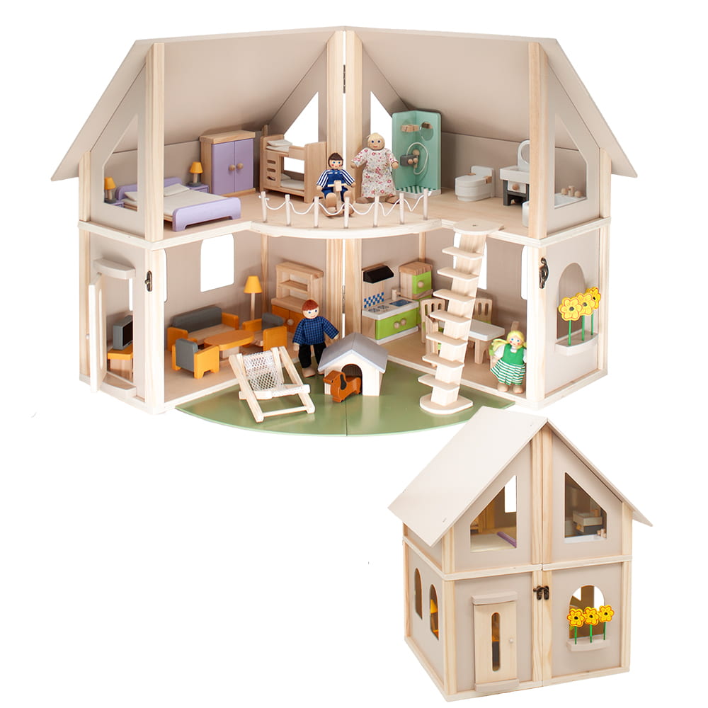 howa Puppenhaus aus Holz klappbar inkl. 30tlg. Möbelset, 4 Puppen und Hund 7016