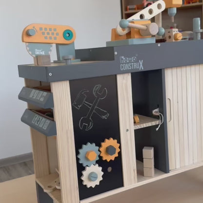 howa Kinderwerkbank CONSTRUX aus Holz – höhenverstellbare Werkbank mit Werkzeug und Zubehör 4909